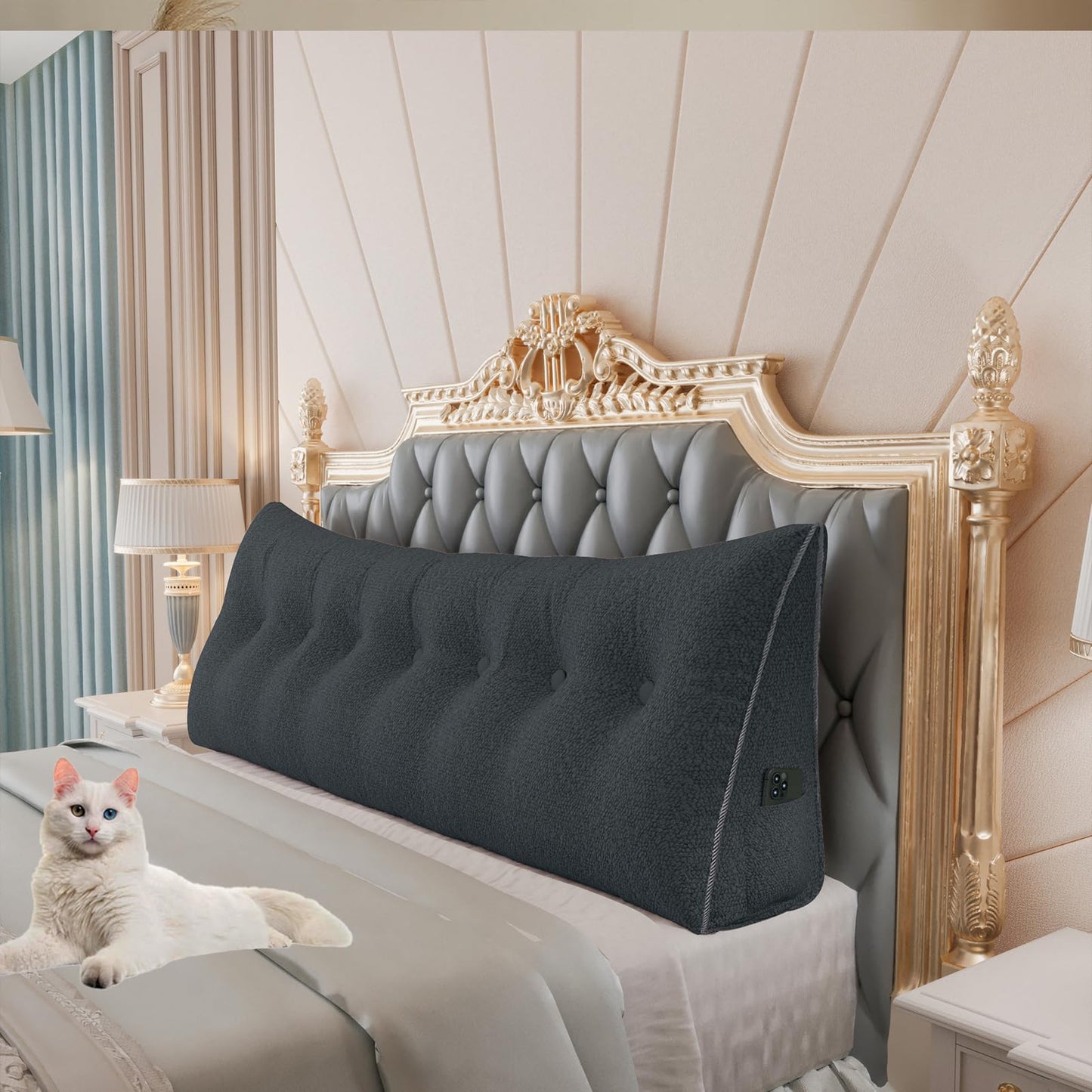 Bourkimi Queen Size Wedge Headboard Pillow with Side Pockets, Velvet Back Support Reading Pillow with Removable Washable Cover