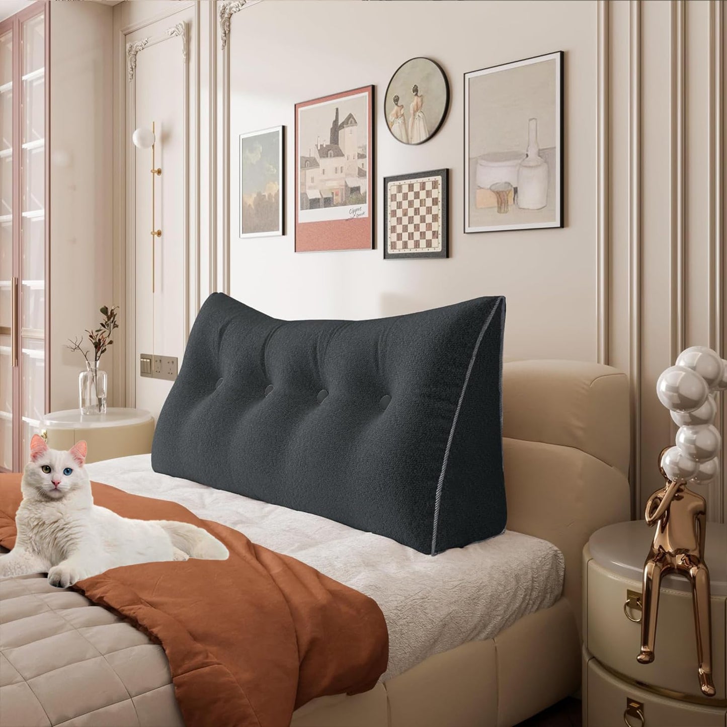 Bourkimi Queen Size Wedge Headboard Pillow with Side Pockets, Velvet Back Support Reading Pillow with Removable Washable Cover