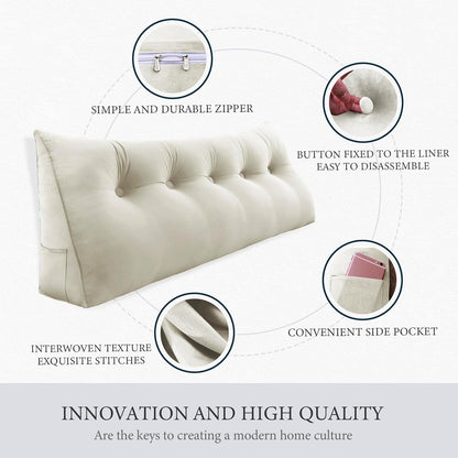 Bourkimi Queen Size Wedge Headboard Pillow with Side Pockets, Velvet Back Support Reading Pillow with Removable Washable Cover