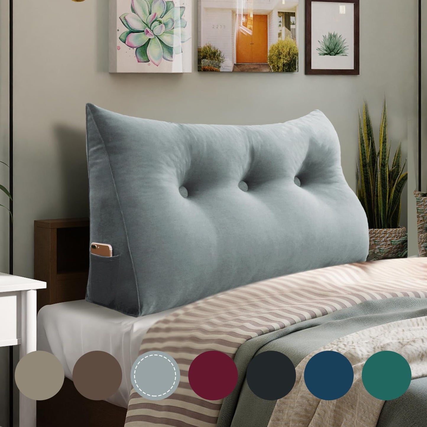 Bourkimi Queen Size Wedge Headboard Pillow with Side Pockets, Velvet Back Support Reading Pillow with Removable Washable Cover