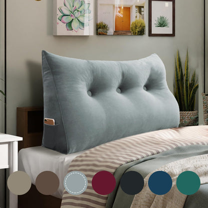 Bourkimi Queen Size Wedge Headboard Pillow with Side Pockets, Velvet Back Support Reading Pillow with Removable Washable Cover