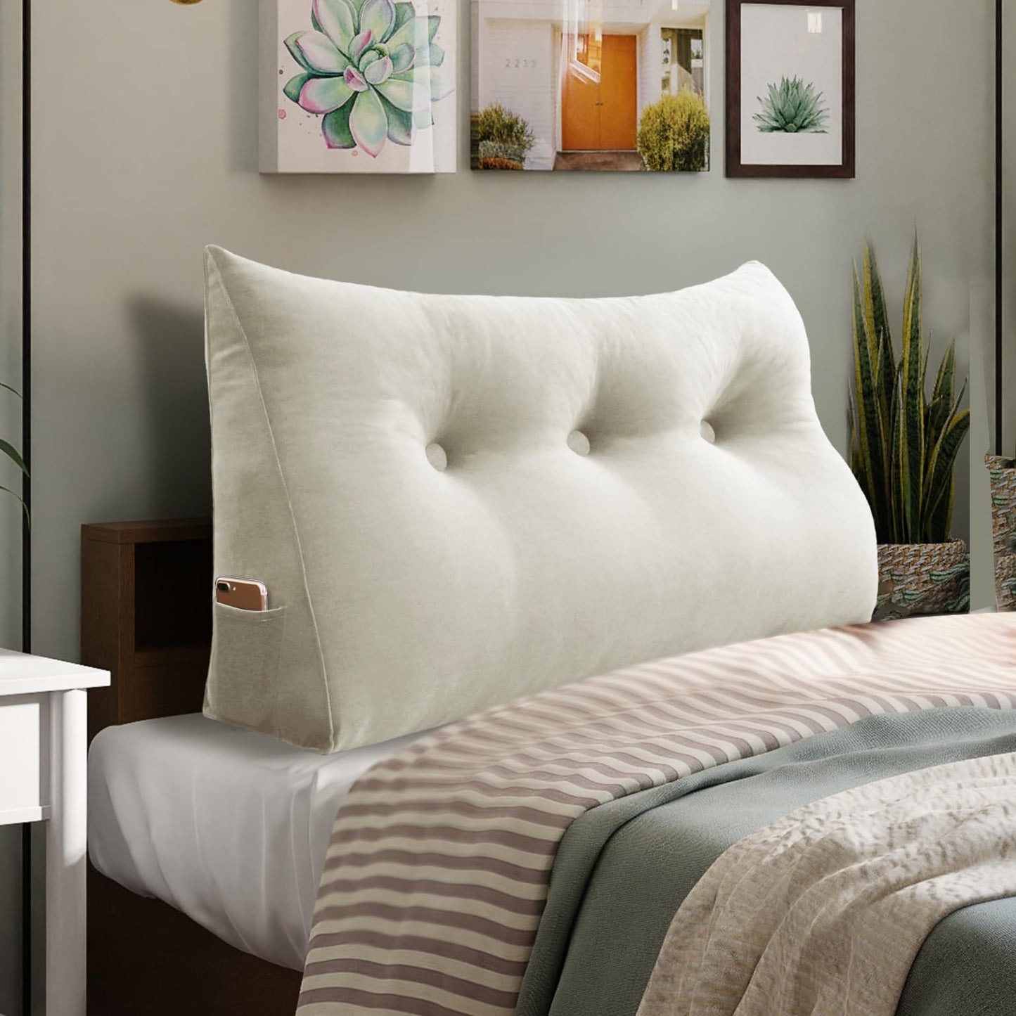 Bourkimi Queen Size Wedge Headboard Pillow with Side Pockets, Velvet Back Support Reading Pillow with Removable Washable Cover