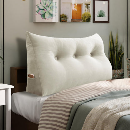 Bourkimi Queen Size Wedge Headboard Pillow with Side Pockets, Velvet Back Support Reading Pillow with Removable Washable Cover