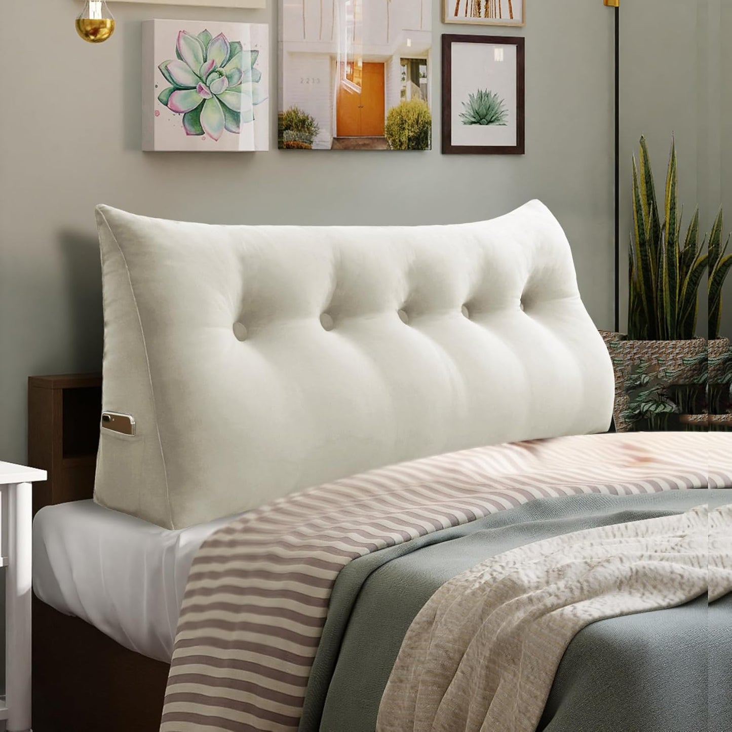 Bourkimi Queen Size Wedge Headboard Pillow with Side Pockets, Velvet Back Support Reading Pillow with Removable Washable Cover