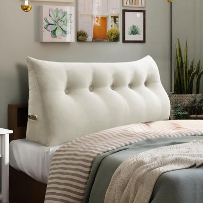Bourkimi Queen Size Wedge Headboard Pillow with Side Pockets, Velvet Back Support Reading Pillow with Removable Washable Cover