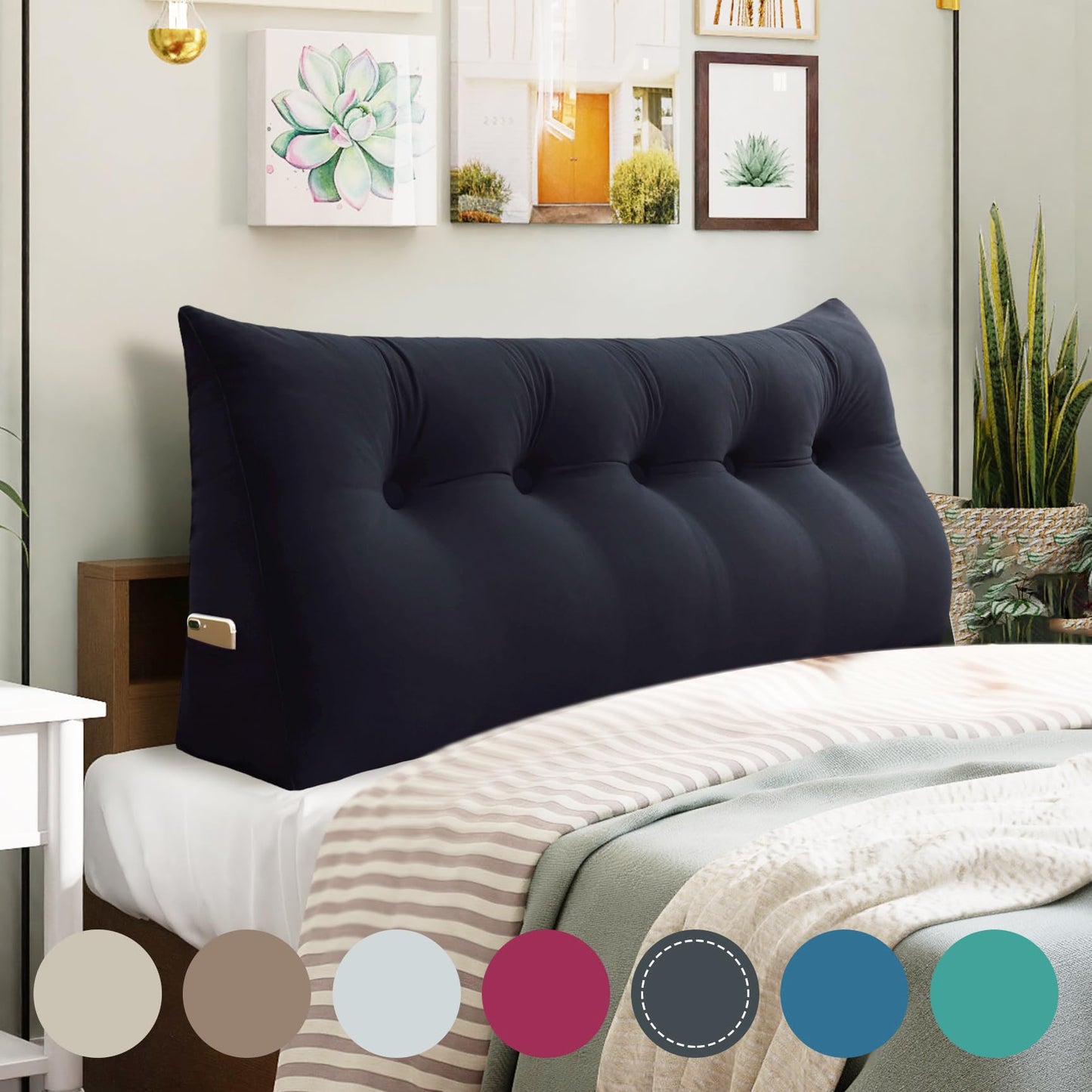 Bourkimi Queen Size Wedge Headboard Pillow with Side Pockets, Velvet Back Support Reading Pillow with Removable Washable Cover