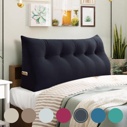 Bourkimi Queen Size Wedge Headboard Pillow with Side Pockets, Velvet Back Support Reading Pillow with Removable Washable Cover