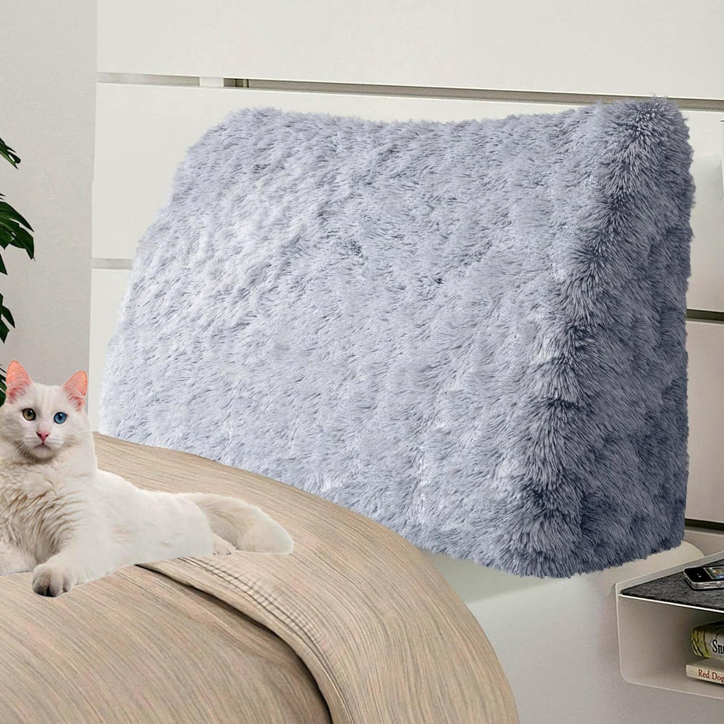 Bourkimi Queen Size Wedge Headboard Pillow with Side Pockets, Velvet Back Support Reading Pillow with Removable Washable Cover