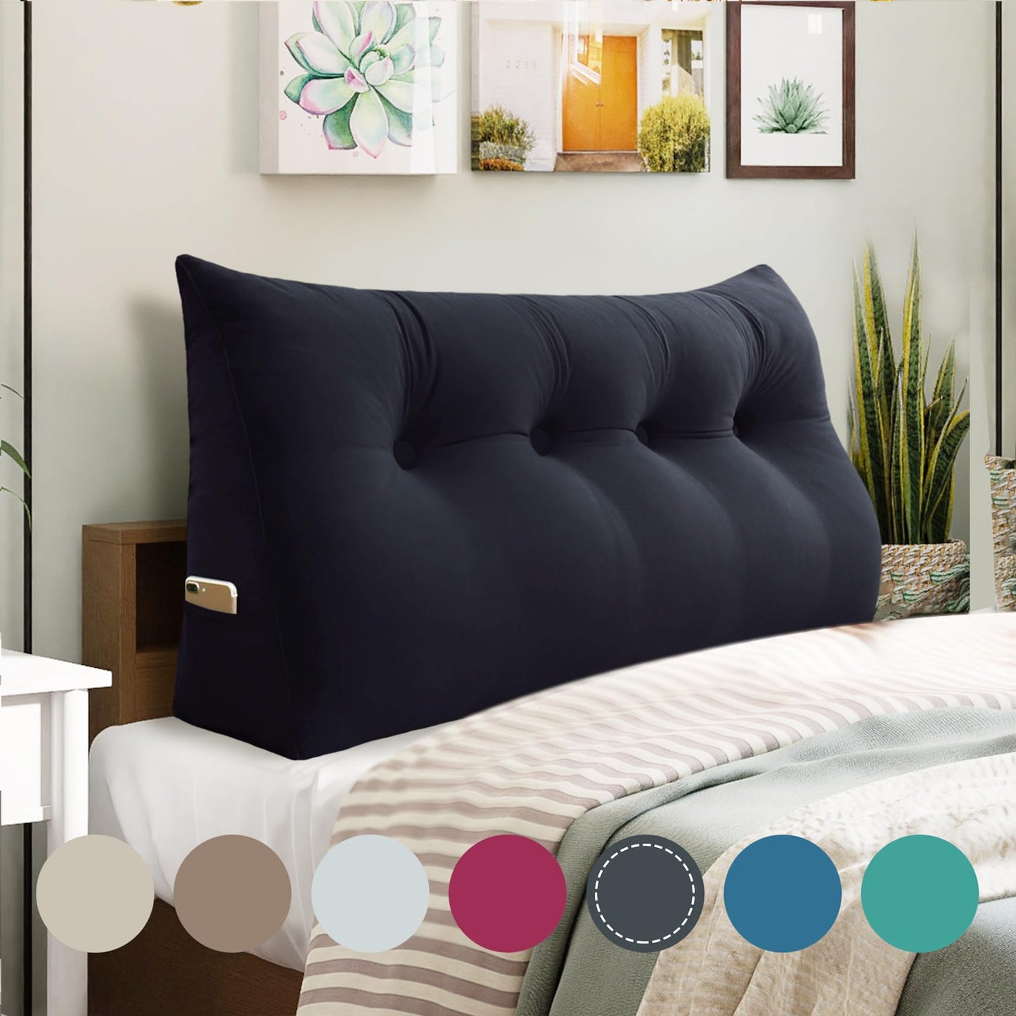 Bourkimi Queen Size Wedge Headboard Pillow with Side Pockets, Velvet Back Support Reading Pillow with Removable Washable Cover