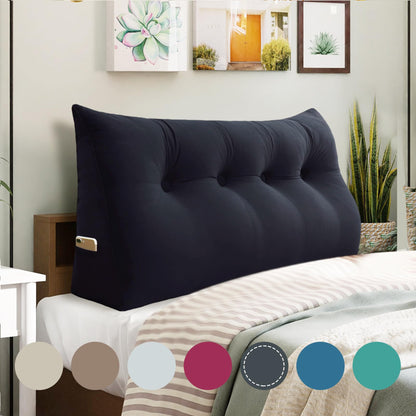 Bourkimi Queen Size Wedge Headboard Pillow with Side Pockets, Velvet Back Support Reading Pillow with Removable Washable Cover