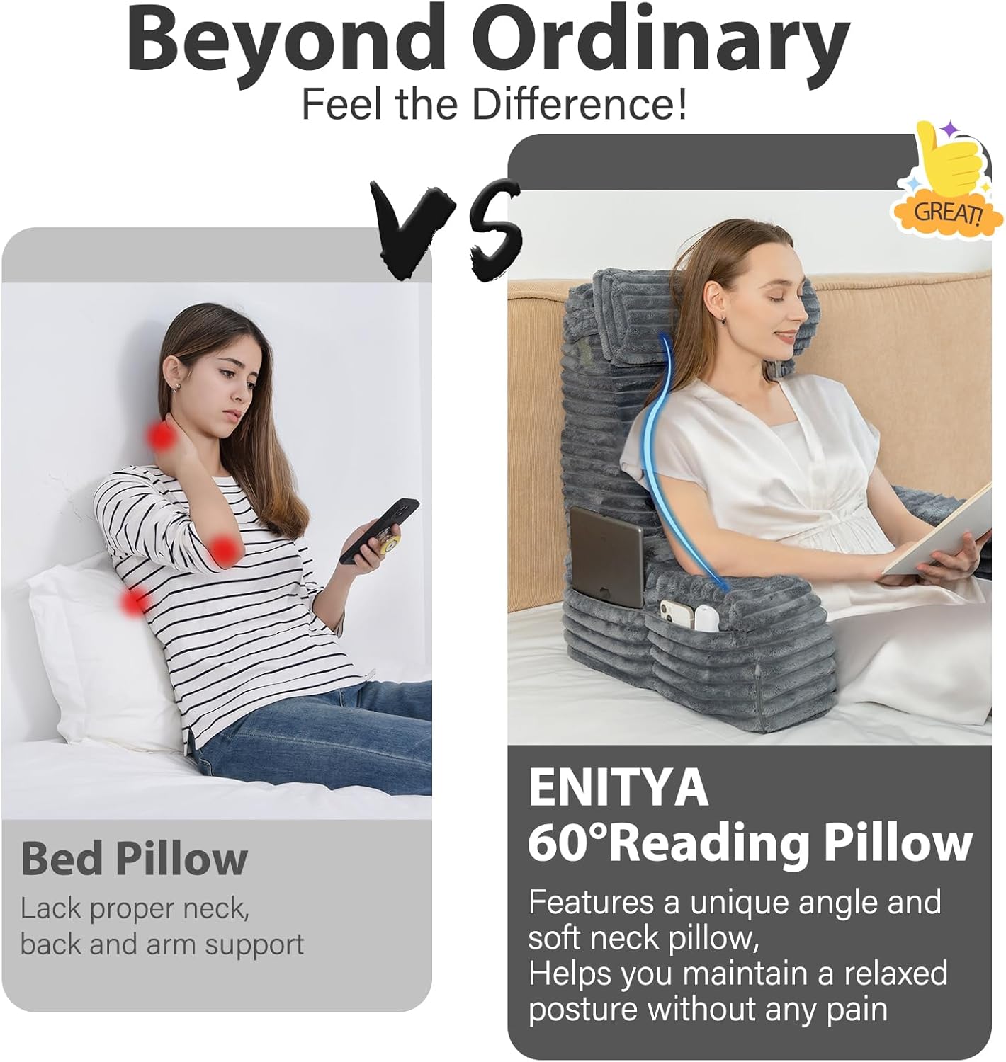 Bourkimi 60-Degree Wedge Reading Pillow with Faux Fur Cover, Side Pockets and Portable Handle, XL Bed Rest Back Support Pillow