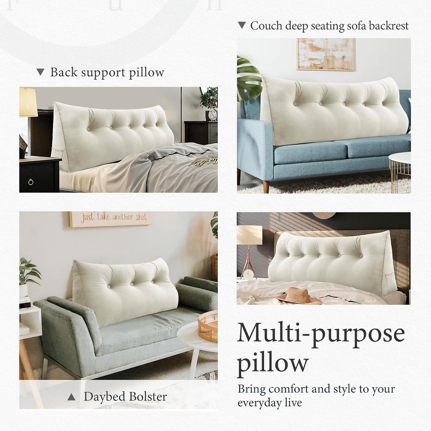 Bourkimi Queen Size Wedge Headboard Pillow with Side Pockets, Velvet Back Support Reading Pillow with Removable Washable Cover