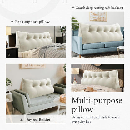 Bourkimi Queen Size Wedge Headboard Pillow with Side Pockets, Velvet Back Support Reading Pillow with Removable Washable Cover