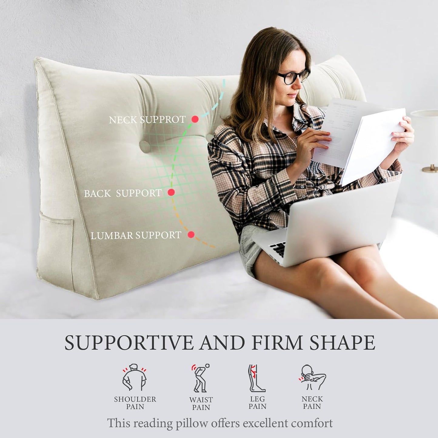 Bourkimi Queen Size Wedge Headboard Pillow with Side Pockets, Velvet Back Support Reading Pillow with Removable Washable Cover