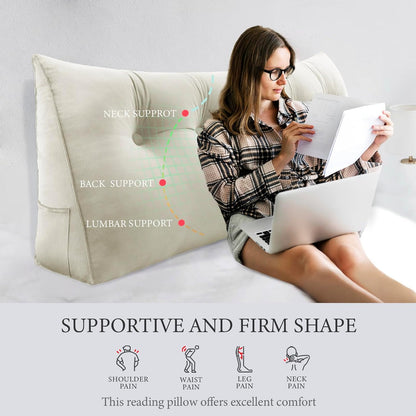 Bourkimi Queen Size Wedge Headboard Pillow with Side Pockets, Velvet Back Support Reading Pillow with Removable Washable Cover