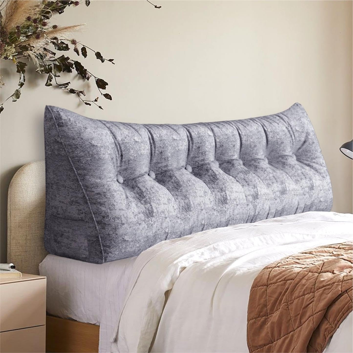 Bourkimi Queen Size Wedge Headboard Pillow with Side Pockets, Velvet Back Support Reading Pillow with Removable Washable Cover