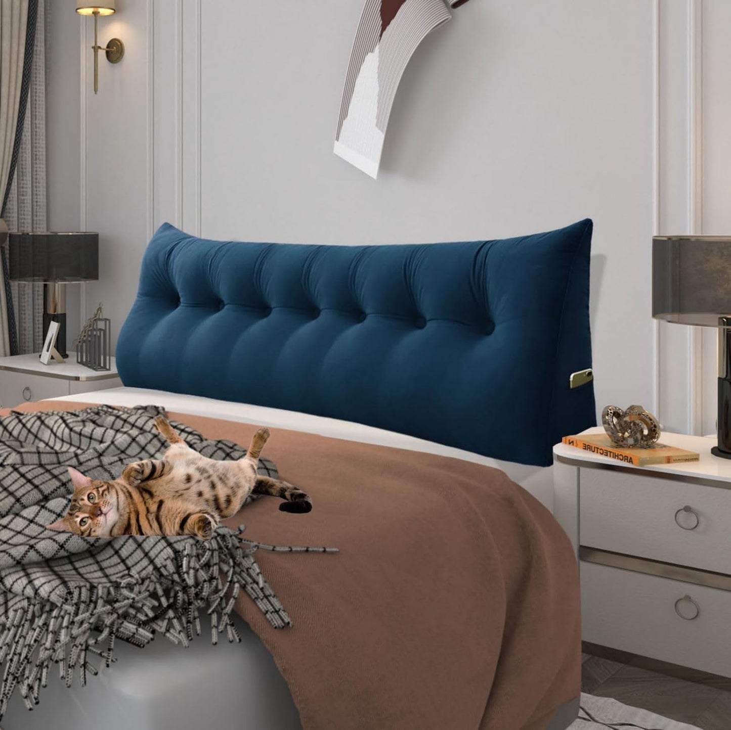 Bourkimi Queen Size Wedge Headboard Pillow with Side Pockets, Velvet Back Support Reading Pillow with Removable Washable Cover
