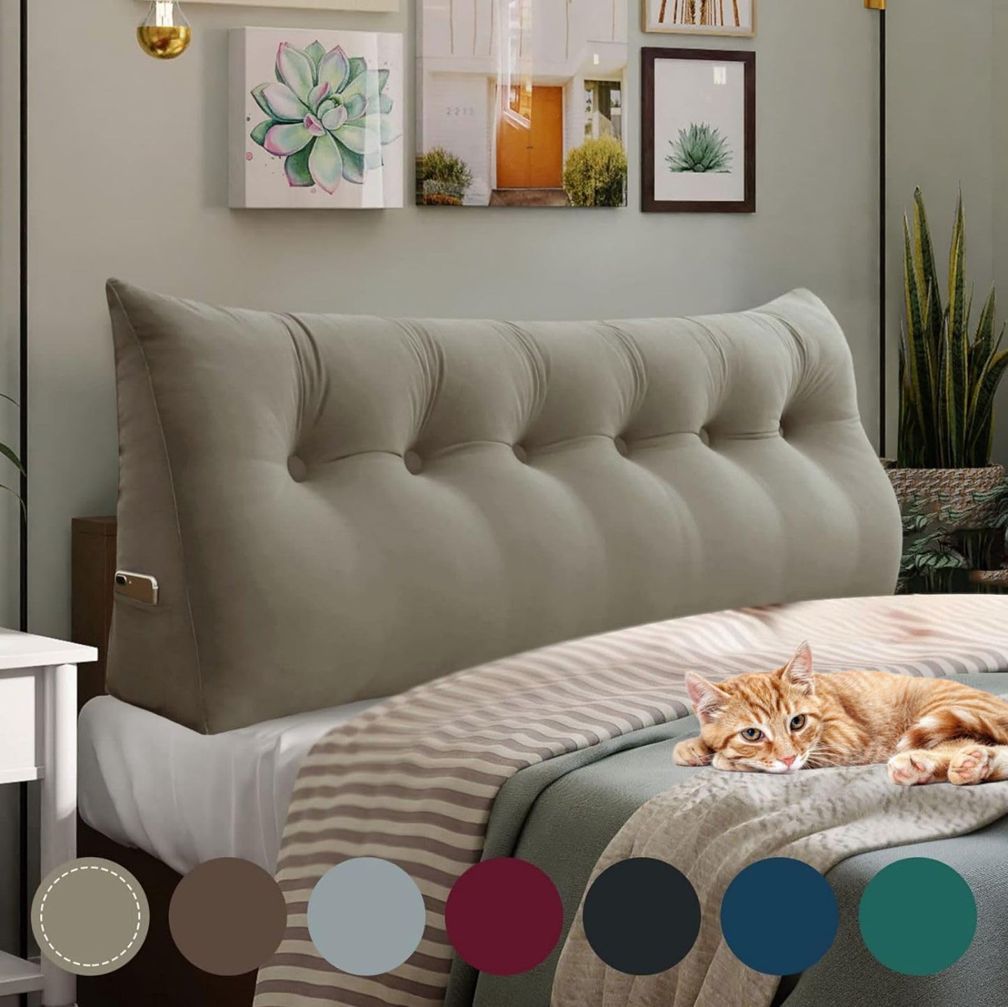 Bourkimi Queen Size Wedge Headboard Pillow with Side Pockets, Velvet Back Support Reading Pillow with Removable Washable Cover