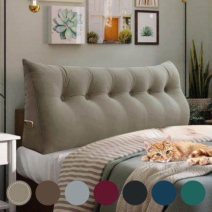 Bourkimi Queen Size Wedge Headboard Pillow with Side Pockets, Velvet Back Support Reading Pillow with Removable Washable Cover