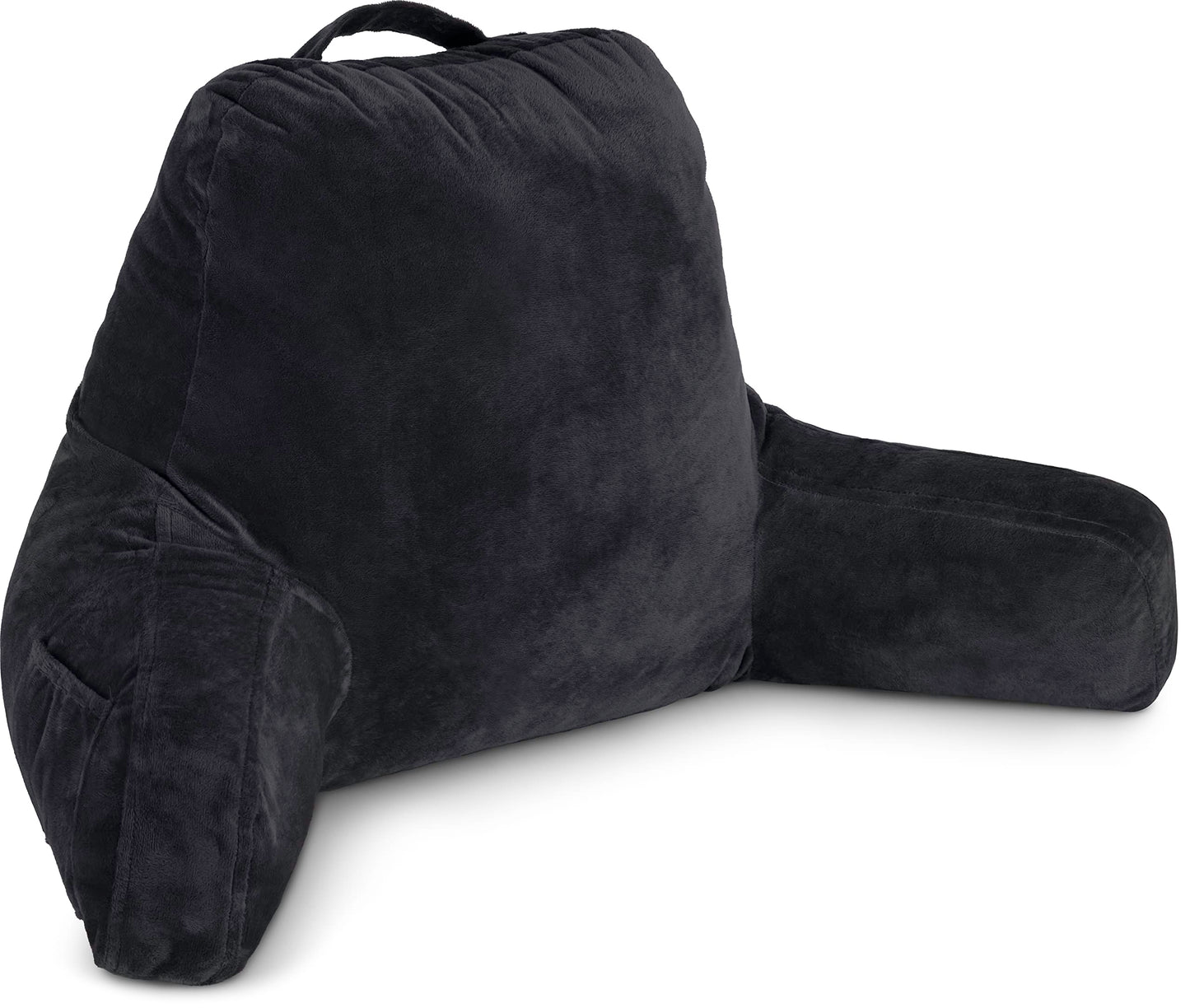 Bourkimi XX-Large Reading Pillow with Arms and Neck Roll, Shredded Memory Foam Bed Rest Pillow with Removable Cover and Side Pockets, Grey