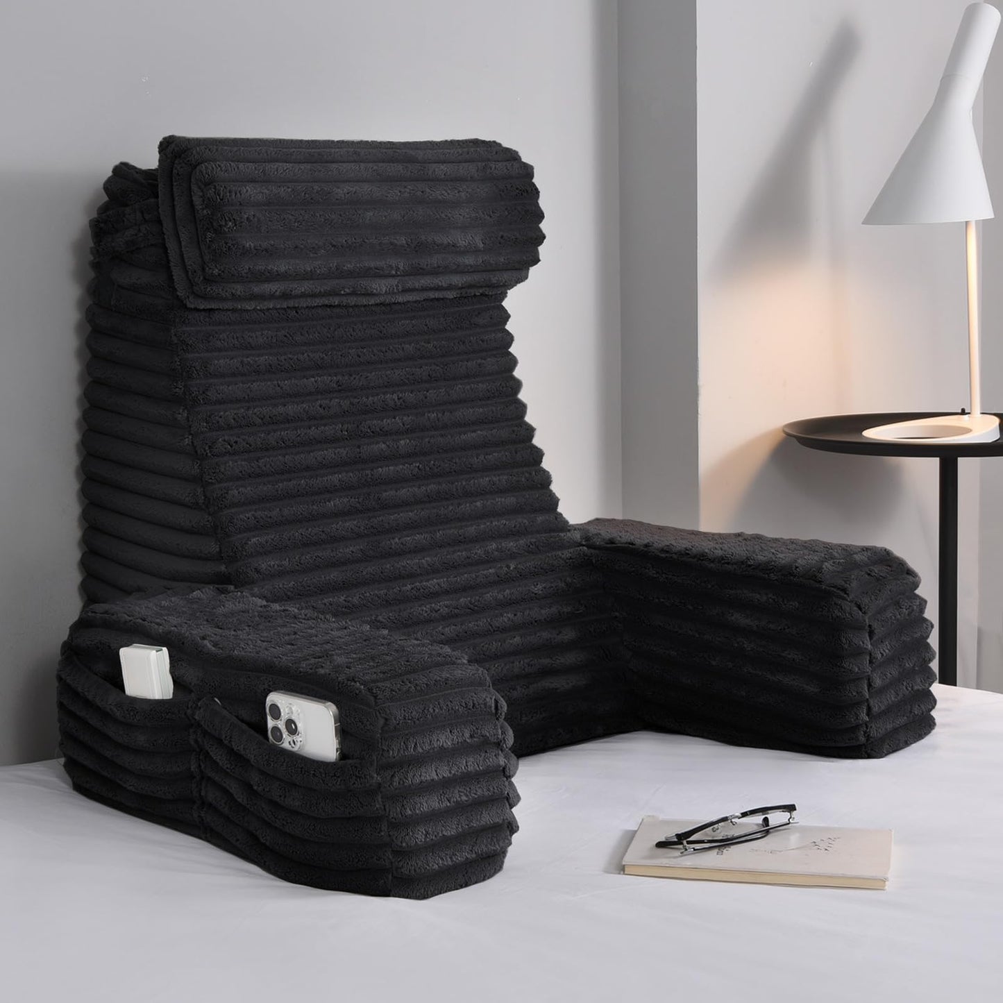 Bourkimi 60-Degree Wedge Reading Pillow with Faux Fur Cover, Side Pockets and Portable Handle, XL Bed Rest Back Support Pillow