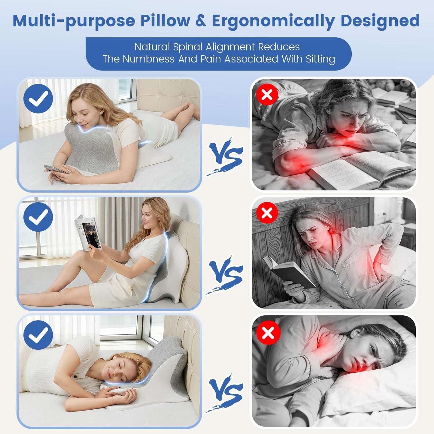 Bourkimi Memory Foam Wedge Reading Pillow with Cooling Ice Silk Cover, Dual-Usage Bed Rest Support Pillow