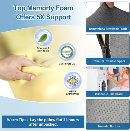 Bourkimi Queen Size Memory Foam Reading Pillow with Detachable Neck Roll, Bed Rest Back Support Pillow with Arms, Grey & White