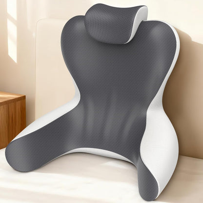 Bourkimi Queen Size Memory Foam Reading Pillow with Detachable Neck Roll, Bed Rest Back Support Pillow with Arms, Grey & White