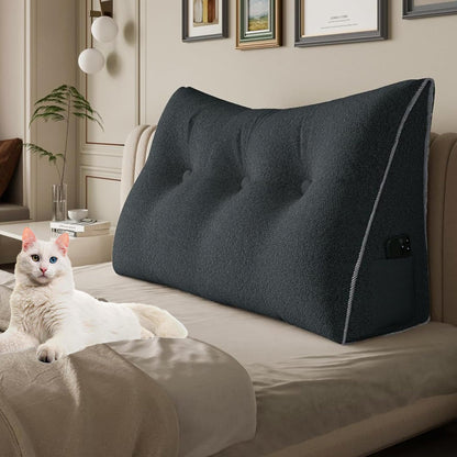 Bourkimi Queen Size Wedge Headboard Pillow with Side Pockets, Velvet Back Support Reading Pillow with Removable Washable Cover