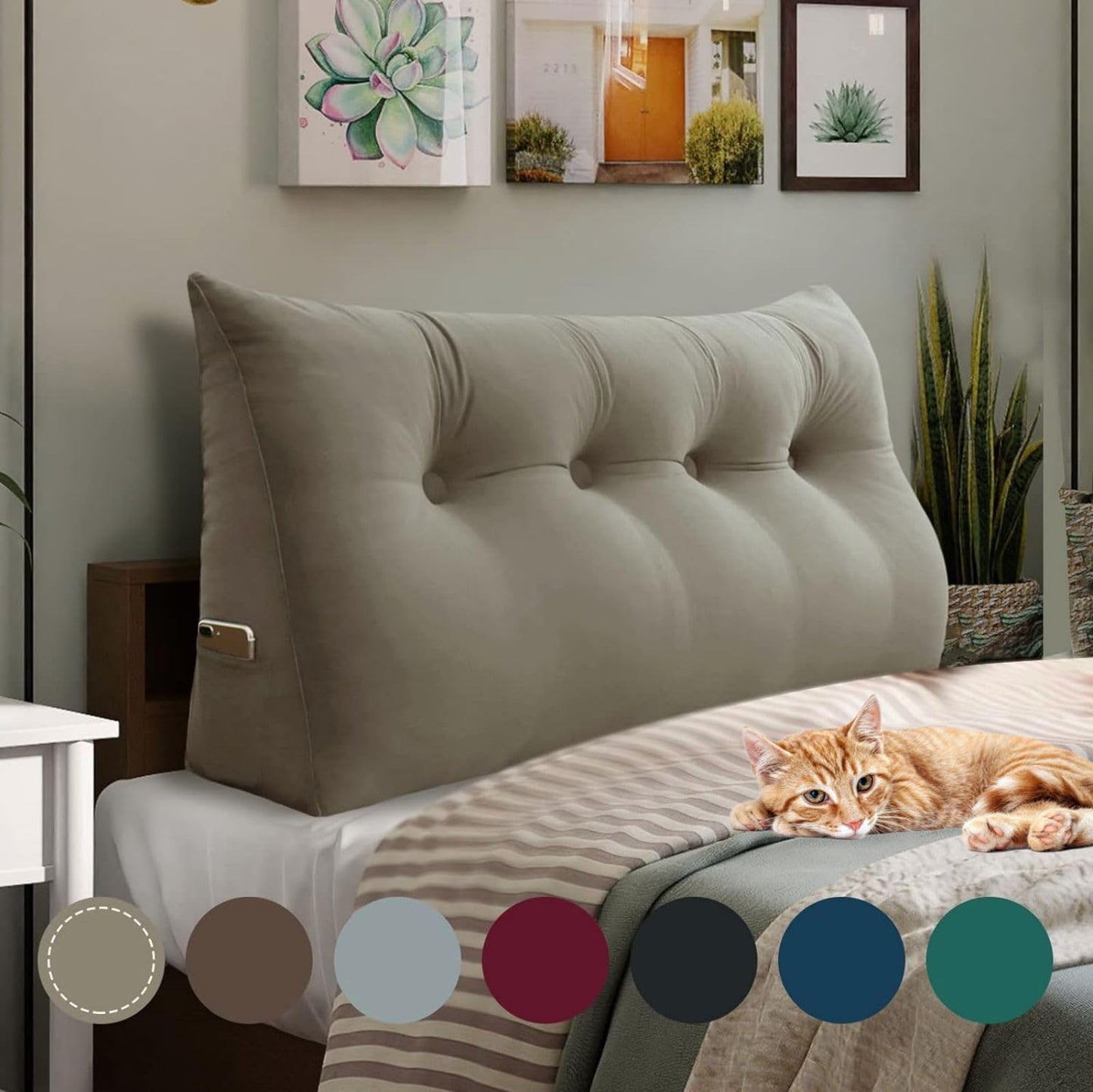 Bourkimi Queen Size Wedge Headboard Pillow with Side Pockets, Velvet Back Support Reading Pillow with Removable Washable Cover