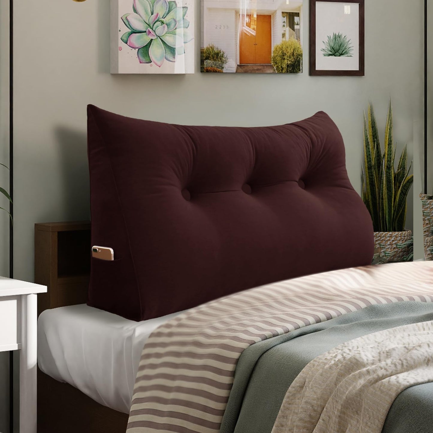 Bourkimi Queen Size Wedge Headboard Pillow with Side Pockets, Velvet Back Support Reading Pillow with Removable Washable Cover