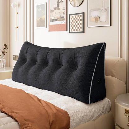 Bourkimi Queen Size Wedge Headboard Pillow with Side Pockets, Velvet Back Support Reading Pillow with Removable Washable Cover