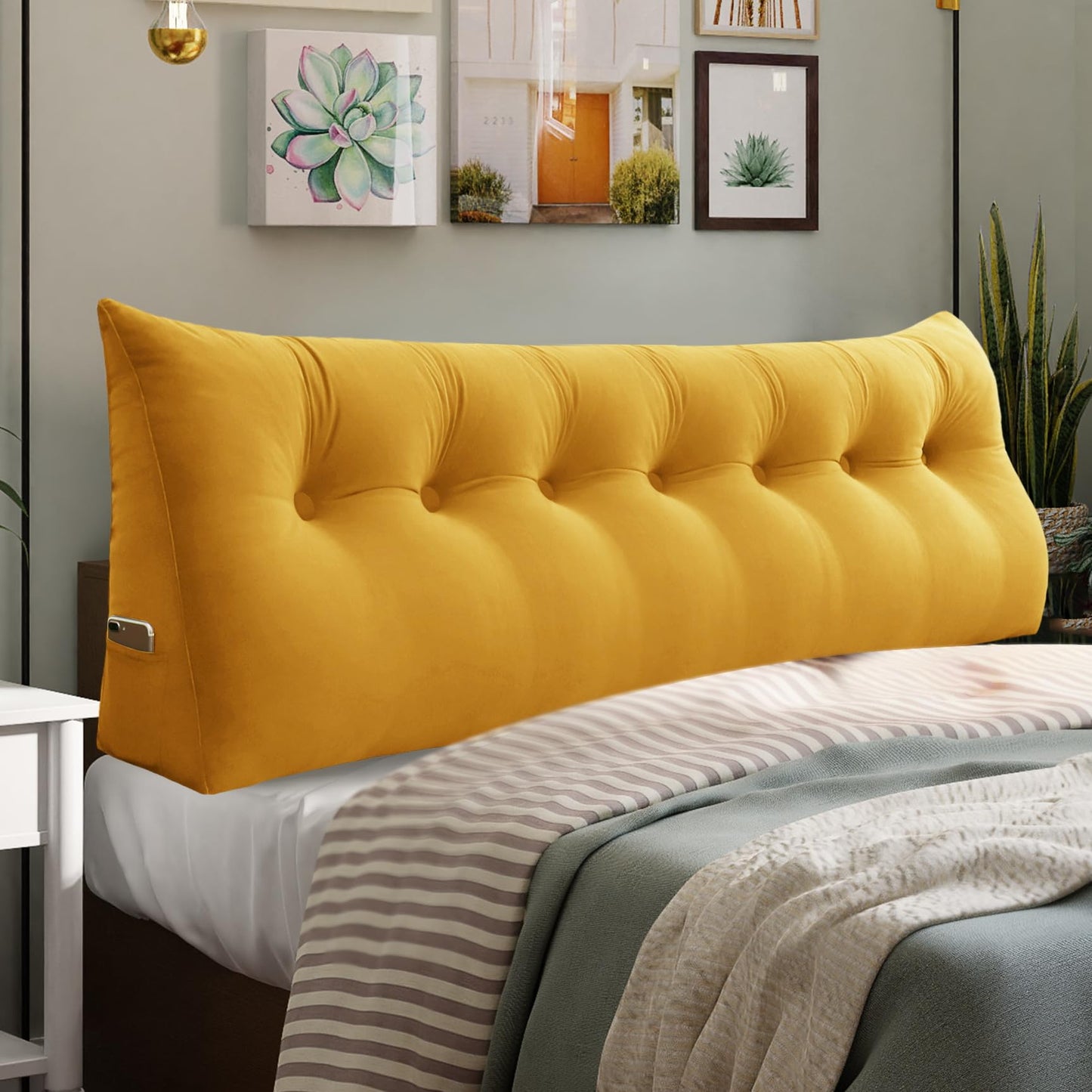 Bourkimi Queen Size Wedge Headboard Pillow with Side Pockets, Velvet Back Support Reading Pillow with Removable Washable Cover
