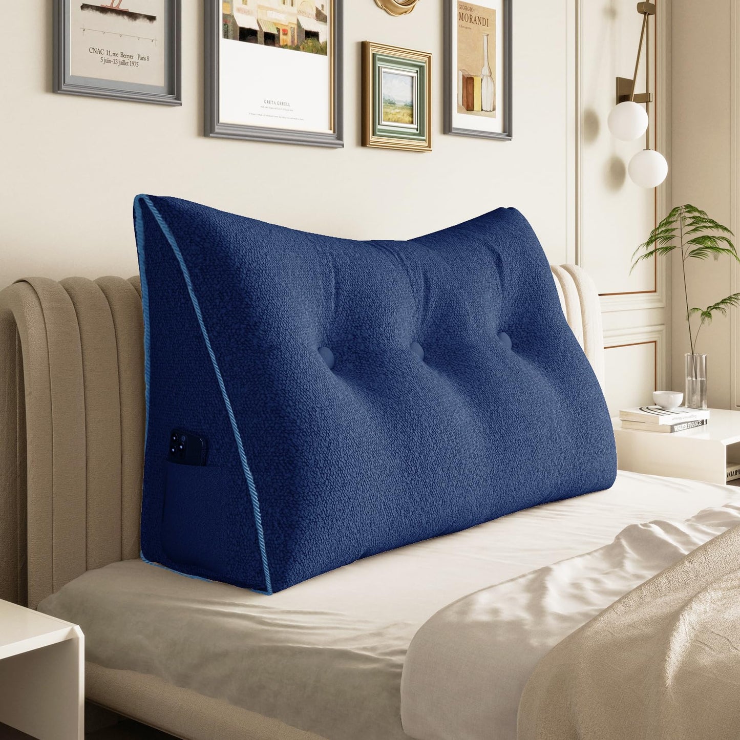 Bourkimi Queen Size Wedge Headboard Pillow with Side Pockets, Velvet Back Support Reading Pillow with Removable Washable Cover