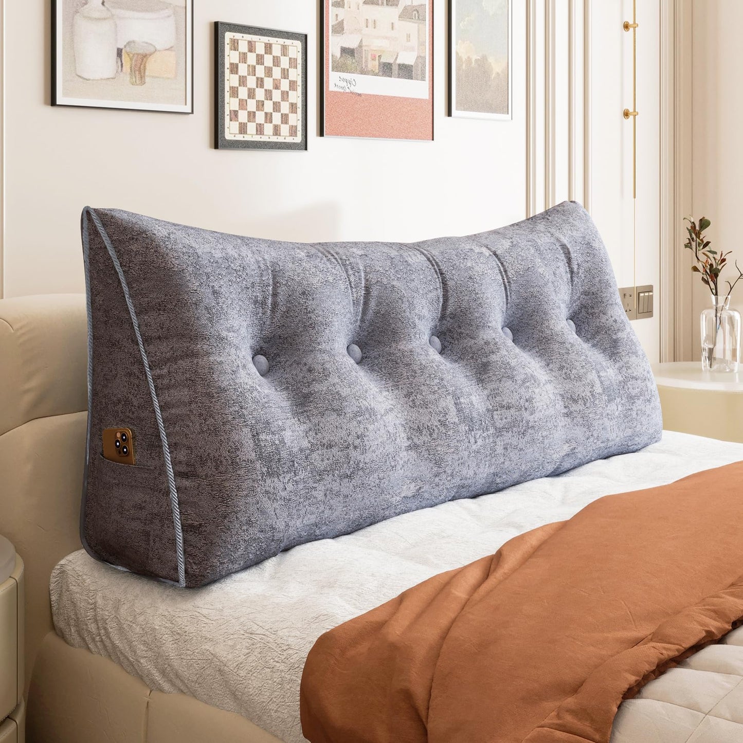 Bourkimi Queen Size Wedge Headboard Pillow with Side Pockets, Velvet Back Support Reading Pillow with Removable Washable Cover