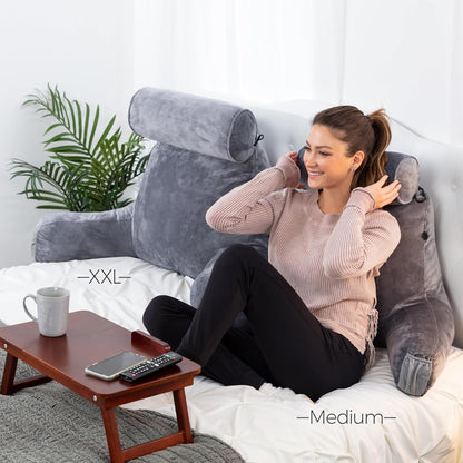 Bourkimi XX-Large Reading Pillow with Arms and Neck Roll, Shredded Memory Foam Bed Rest Pillow with Removable Cover and Side Pockets, Grey