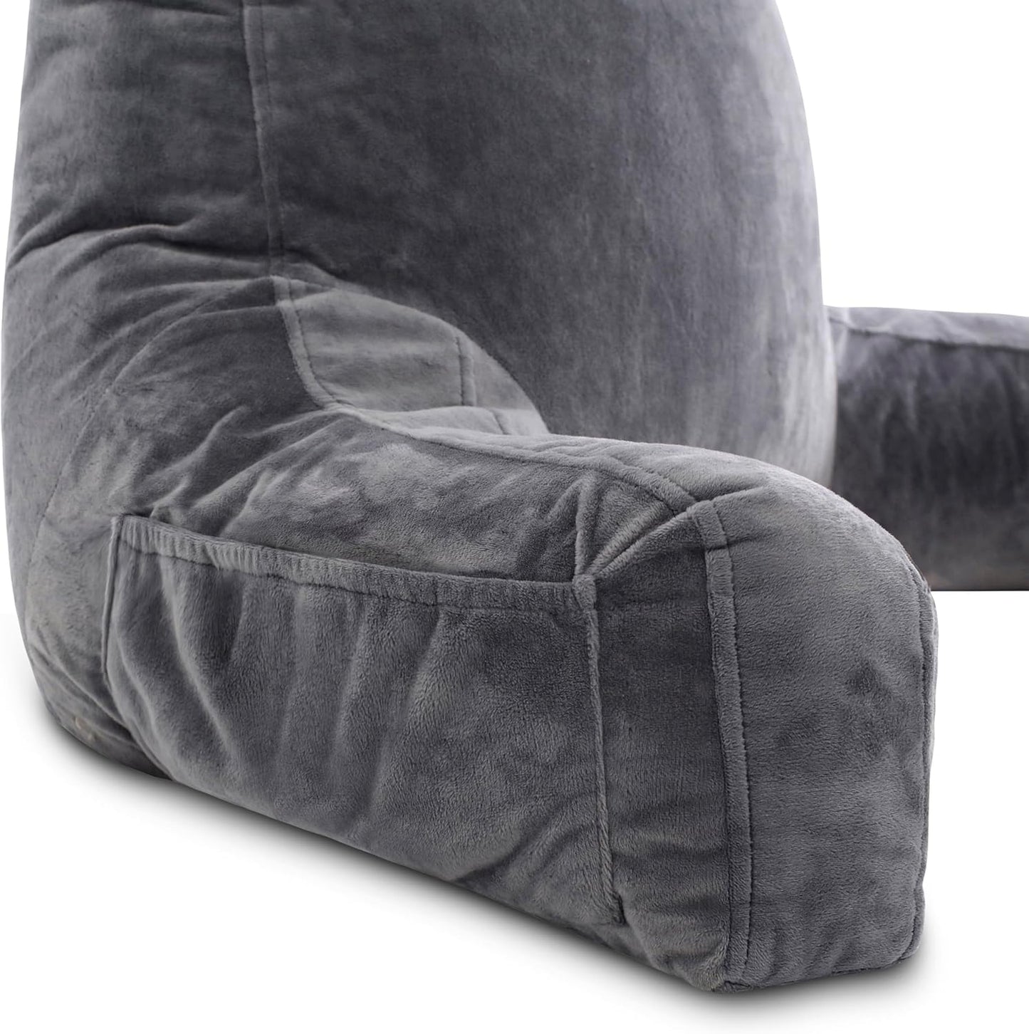 Bourkimi XX-Large Reading Pillow with Arms and Neck Roll, Shredded Memory Foam Bed Rest Pillow with Removable Cover and Side Pockets, Grey