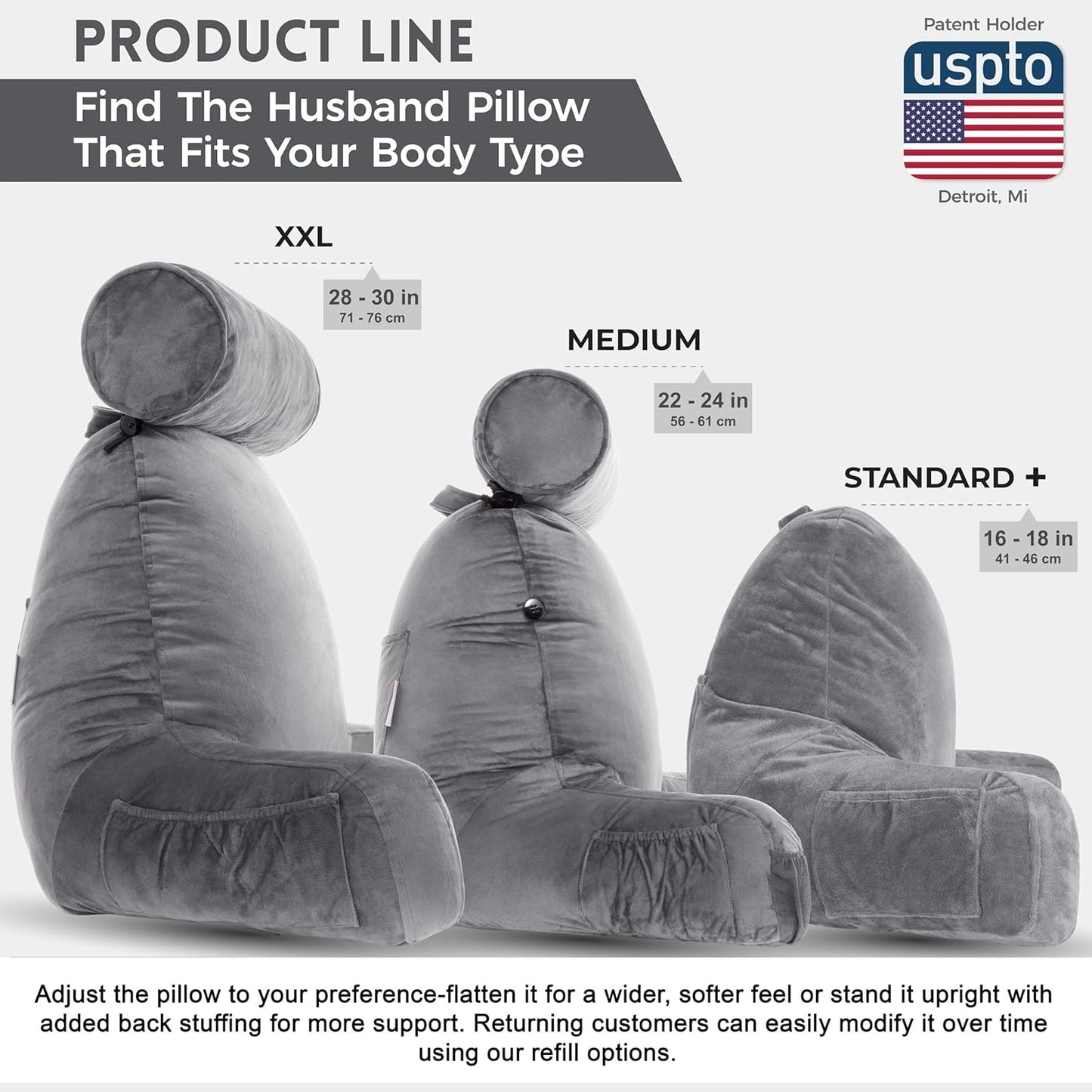 Bourkimi XX-Large Reading Pillow with Arms and Neck Roll, Shredded Memory Foam Bed Rest Pillow with Removable Cover and Side Pockets, Grey