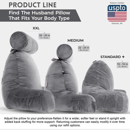 Bourkimi XX-Large Reading Pillow with Arms and Neck Roll, Shredded Memory Foam Bed Rest Pillow with Removable Cover and Side Pockets, Grey