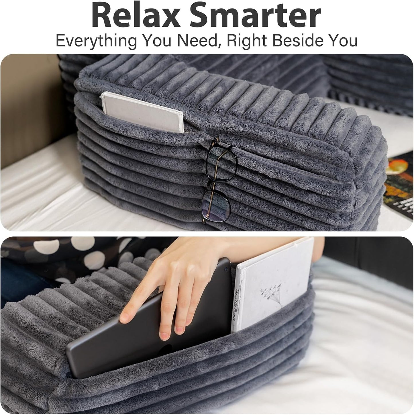 Bourkimi 60-Degree Wedge Reading Pillow with Faux Fur Cover, Side Pockets and Portable Handle, XL Bed Rest Back Support Pillow
