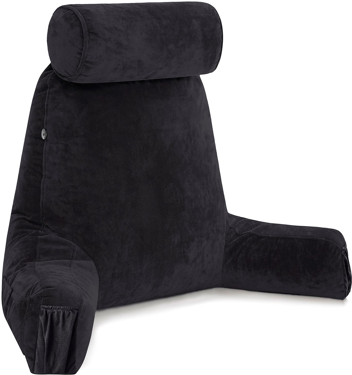 Bourkimi XX-Large Reading Pillow with Arms and Neck Roll, Shredded Memory Foam Bed Rest Pillow with Removable Cover and Side Pockets, Grey
