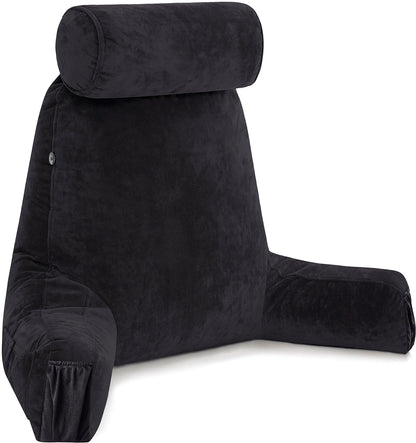 Bourkimi XX-Large Reading Pillow with Arms and Neck Roll, Shredded Memory Foam Bed Rest Pillow with Removable Cover and Side Pockets, Grey