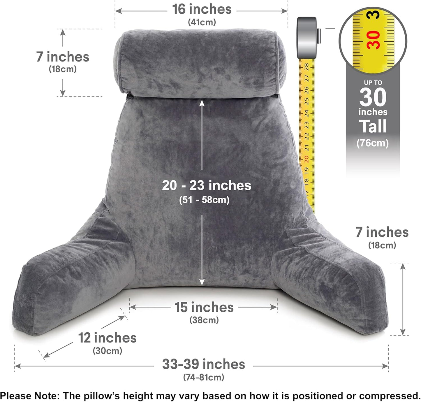 Bourkimi XX-Large Reading Pillow with Arms and Neck Roll, Shredded Memory Foam Bed Rest Pillow with Removable Cover and Side Pockets, Grey