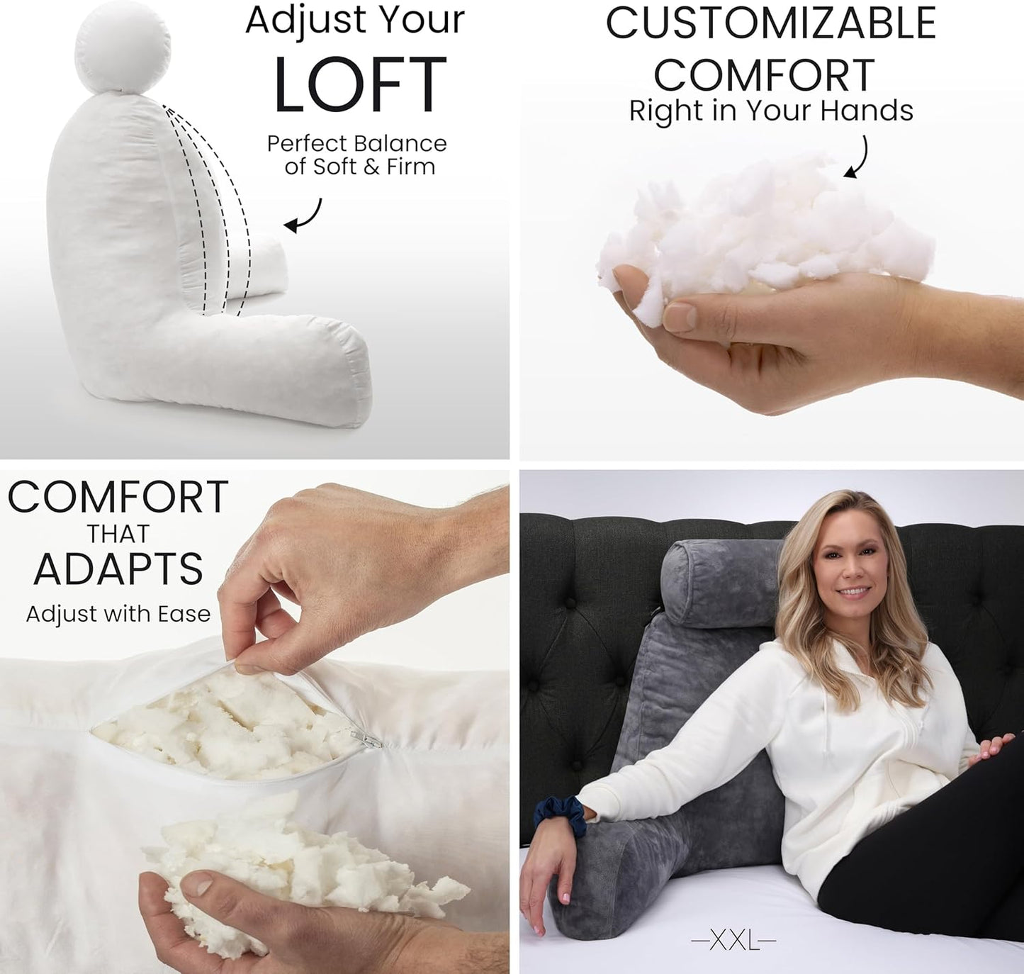 Bourkimi XX-Large Reading Pillow with Arms and Neck Roll, Shredded Memory Foam Bed Rest Pillow with Removable Cover and Side Pockets, Grey