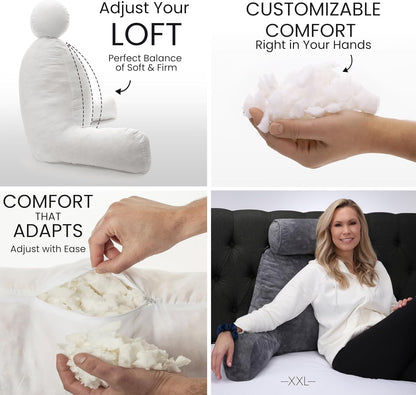 Bourkimi XX-Large Reading Pillow with Arms and Neck Roll, Shredded Memory Foam Bed Rest Pillow with Removable Cover and Side Pockets, Grey