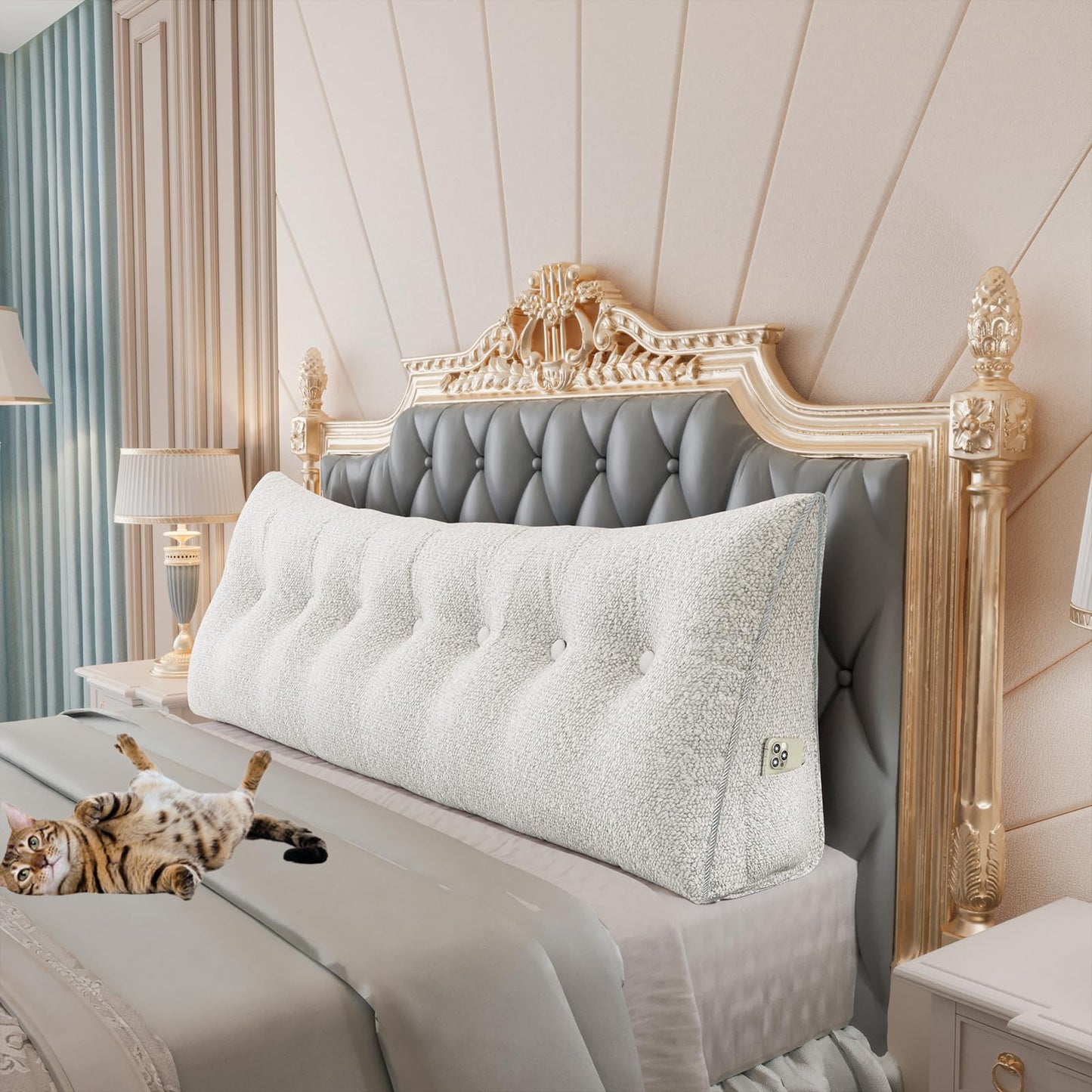 Bourkimi Queen Size Wedge Headboard Pillow with Side Pockets, Velvet Back Support Reading Pillow with Removable Washable Cover