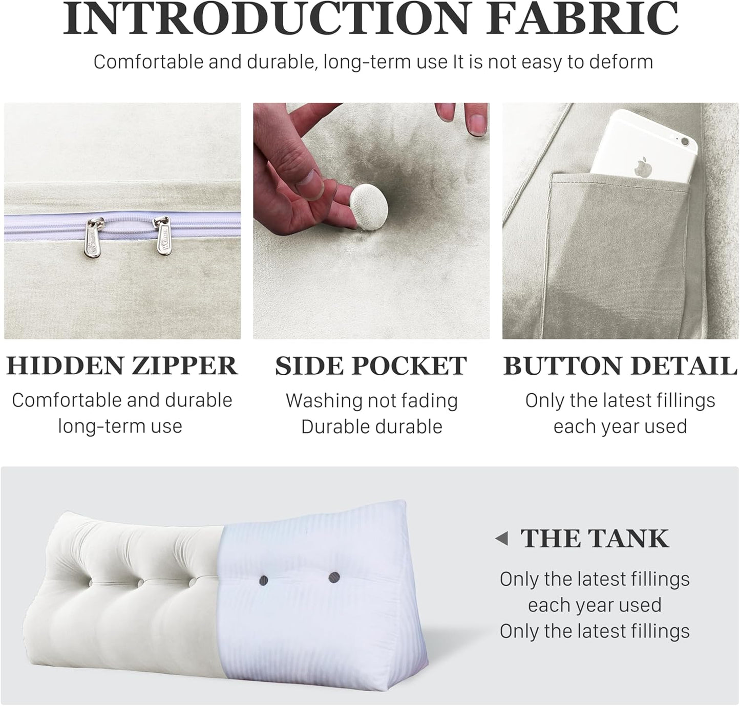Bourkimi Queen Size Wedge Headboard Pillow with Side Pockets, Velvet Back Support Reading Pillow with Removable Washable Cover