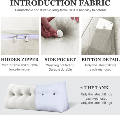 Bourkimi Queen Size Wedge Headboard Pillow with Side Pockets, Velvet Back Support Reading Pillow with Removable Washable Cover