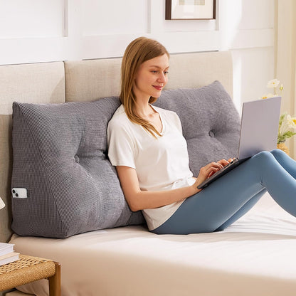 Bourkimi Queen Size Wedge Headboard Pillow with Side Pockets, Tufted Back Support Reading Pillow with Removable Washable Cover