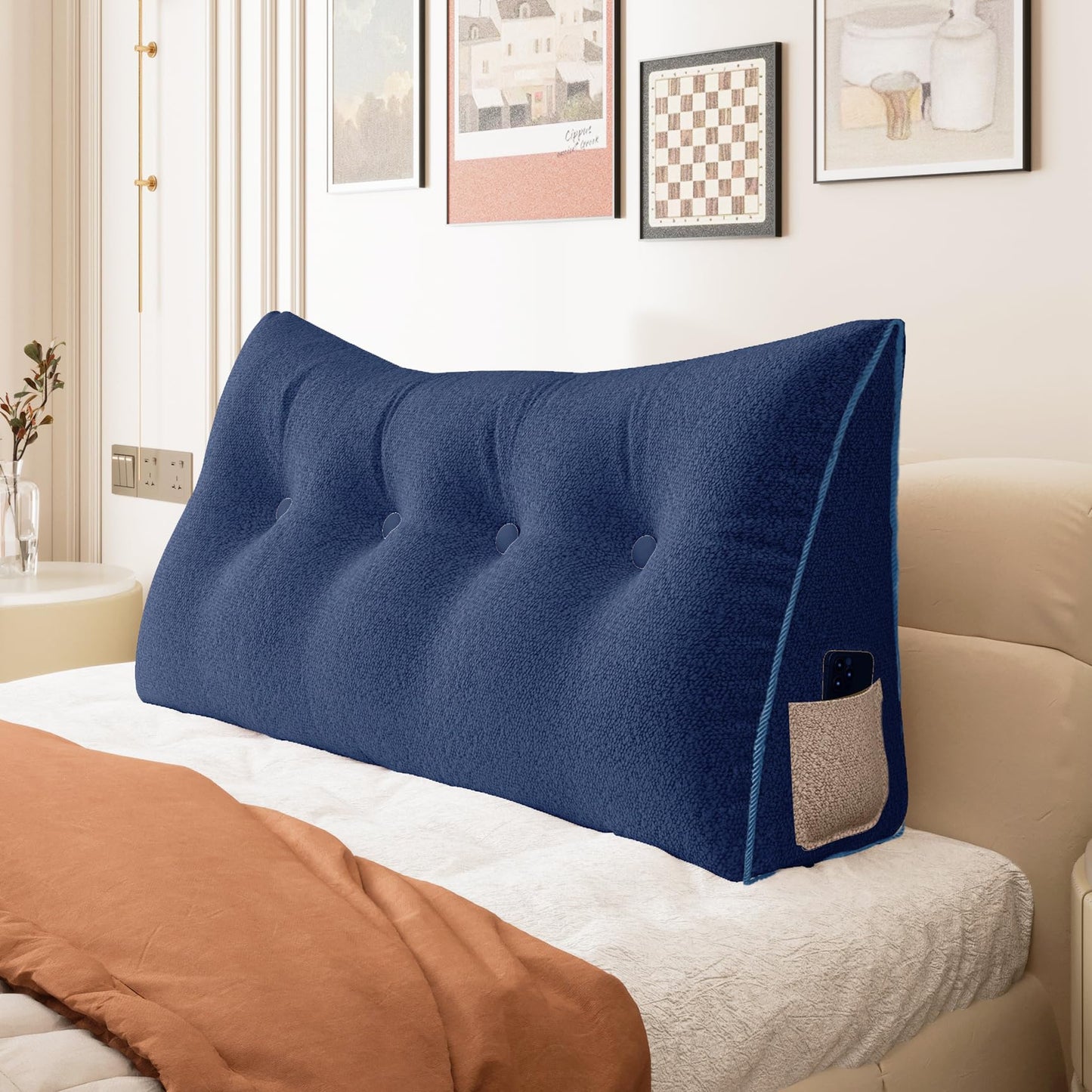 Bourkimi Queen Size Wedge Headboard Pillow with Side Pockets, Velvet Back Support Reading Pillow with Removable Washable Cover